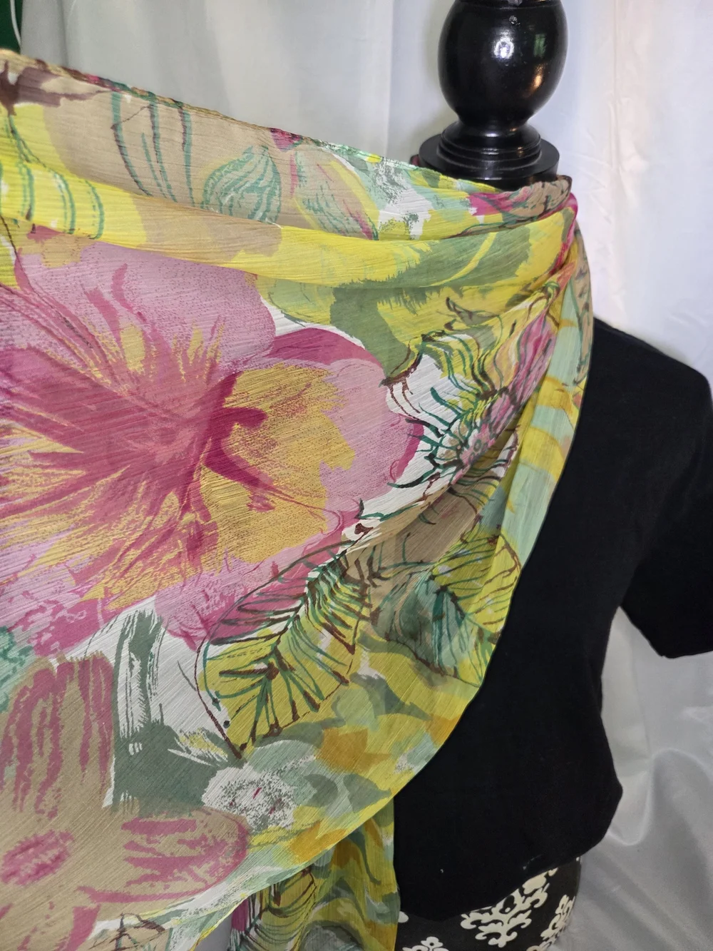 S121. Vintage Floral Multicolor Lightweight Scarf in Yellow, Pink & Green